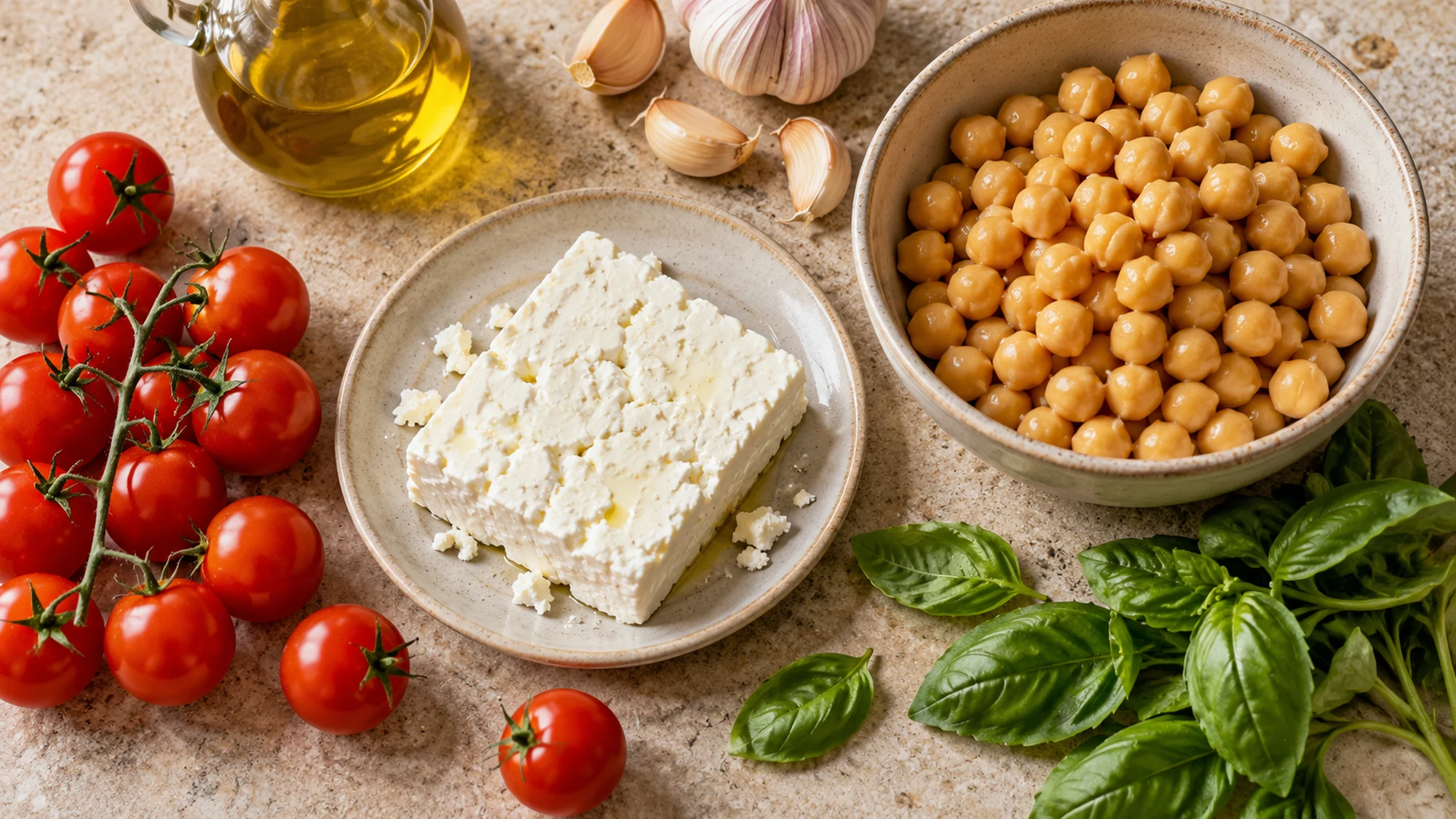 Ingredients for baked feta chickpeas