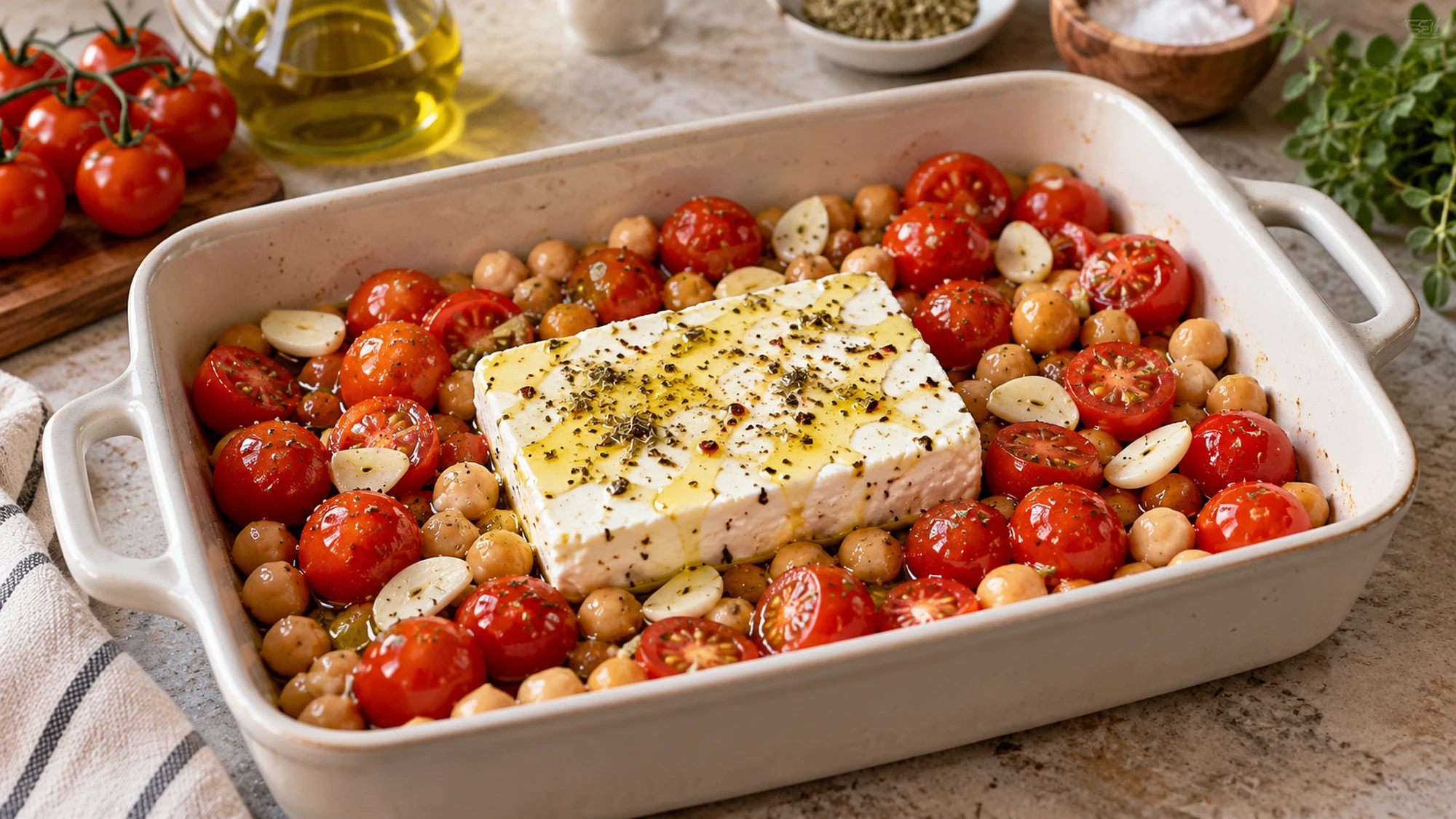baked feta chickpeas during cooking