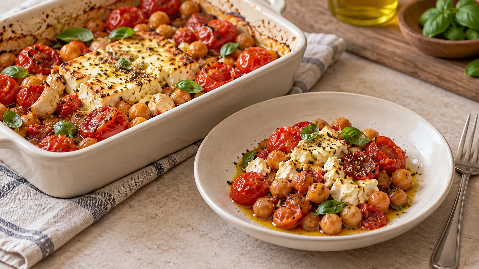 A serving of baked feta chickpeas beside the baking dish