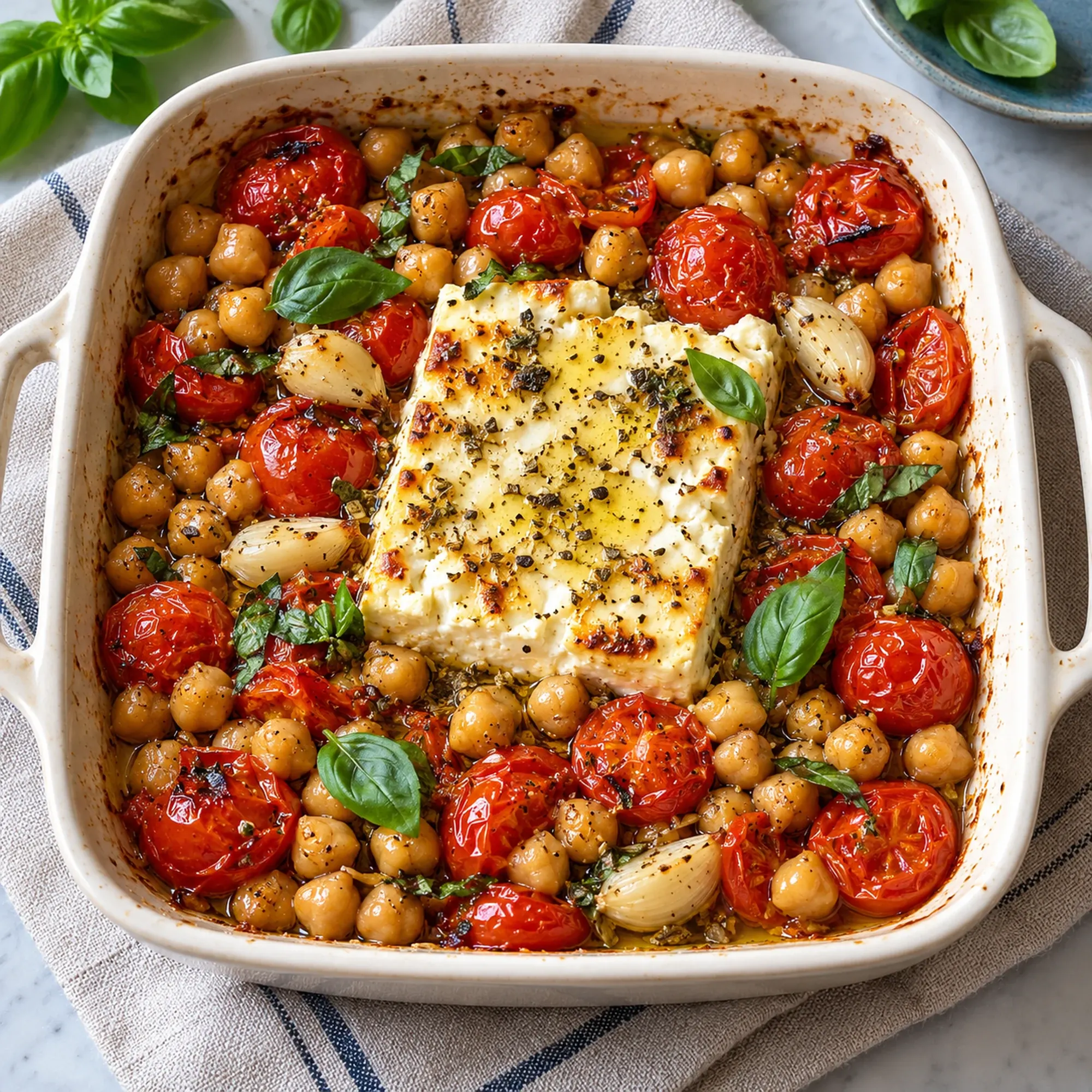 Baked feta chickpeas viewed from above with feta in the center
