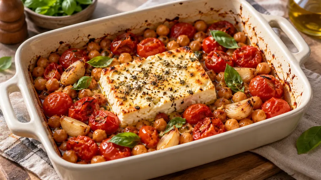Baked feta chickpeas with tomatoes and herbs in a baking dish