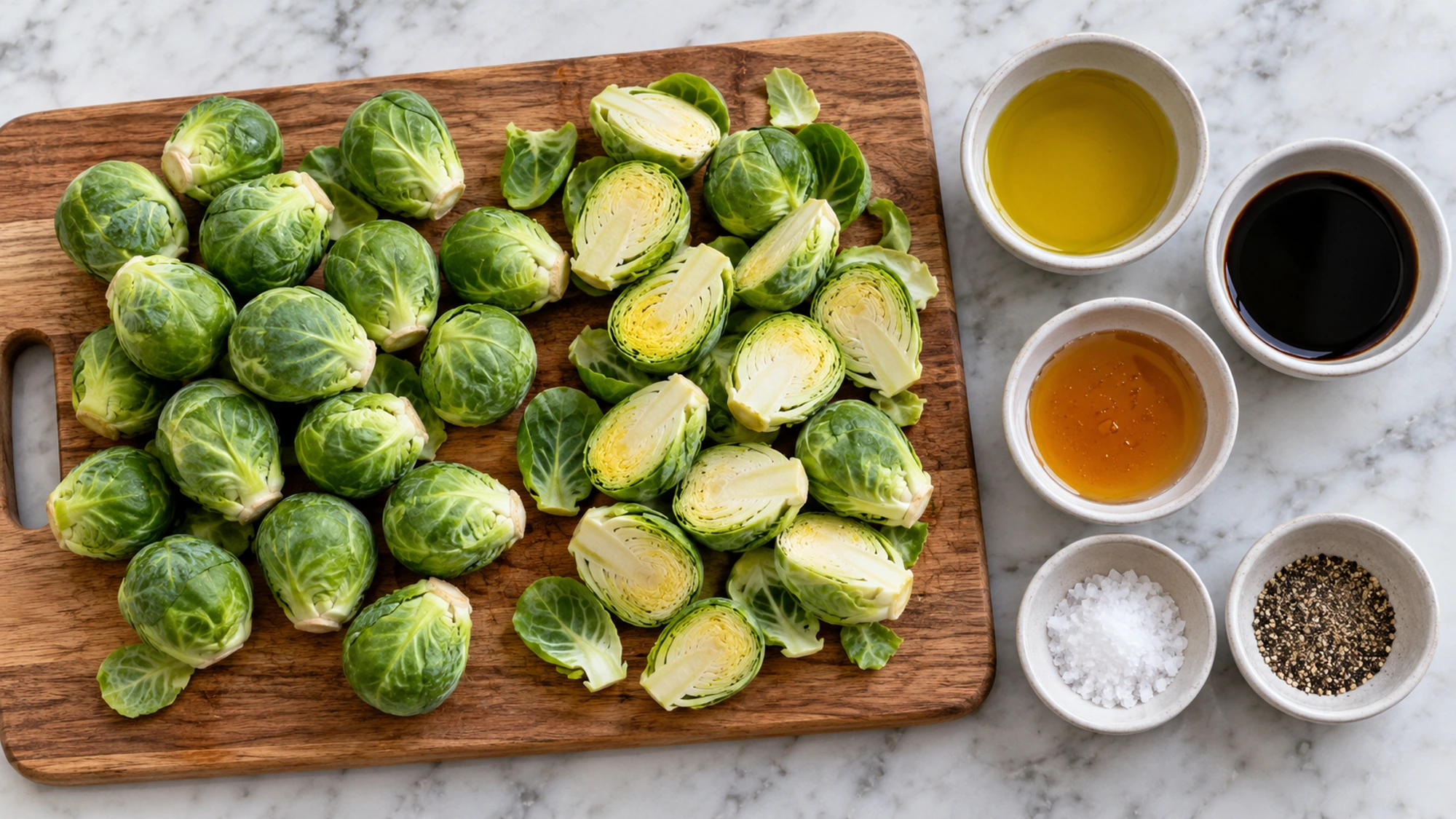 Fresh ingredients for balsamic Brussels sprouts with honey