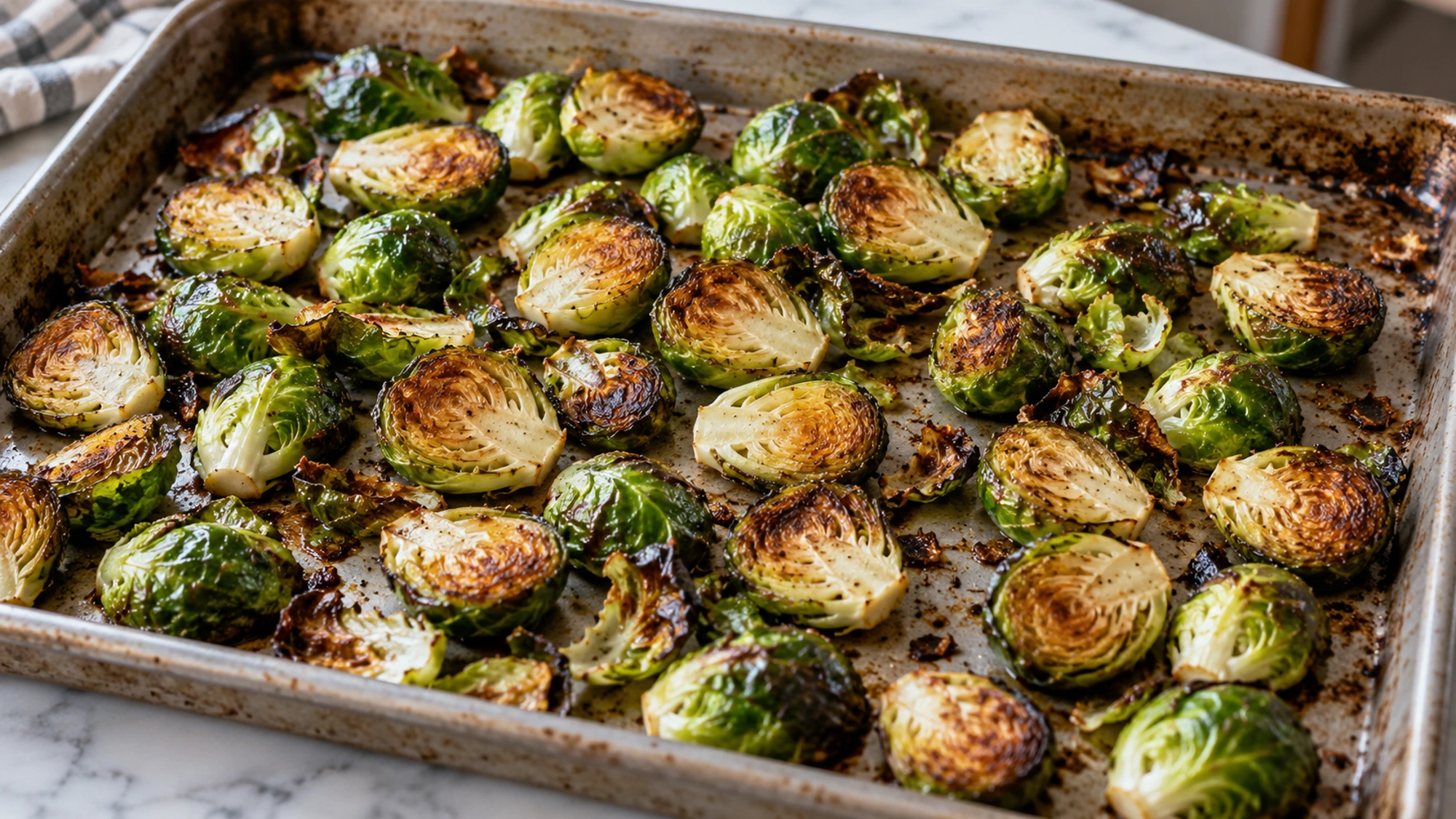 Roasted halves for balsamic Brussels sprouts before dressing