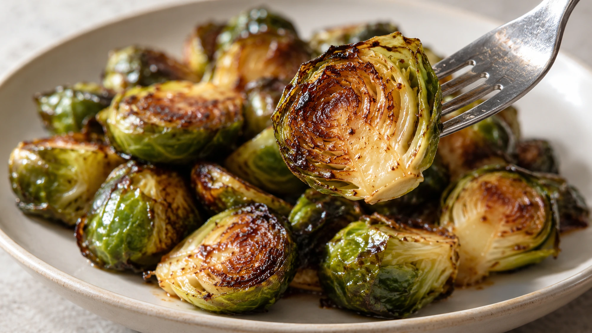 Forkful of balsamic Brussels sprouts showing tender green layers