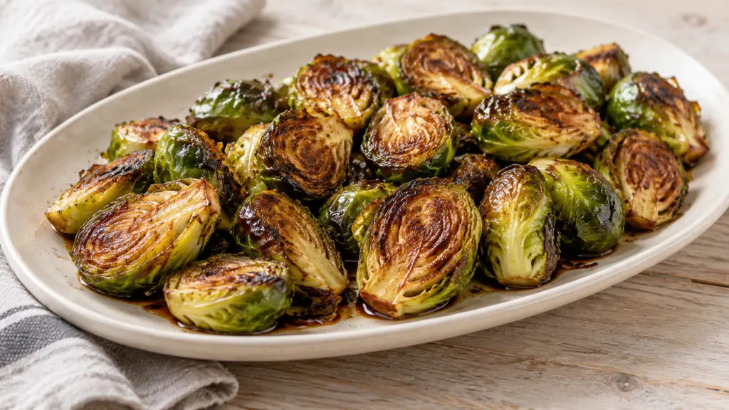 Balsamic Brussels sprouts with golden cut faces on a platter