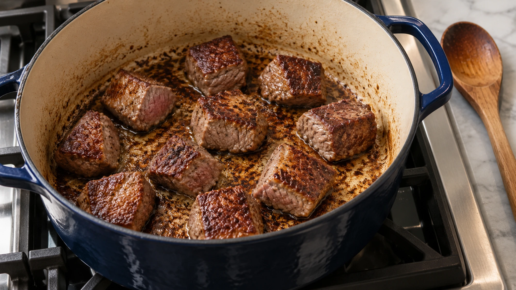 Beef stew cubes browning in an uncrowded heavy pot