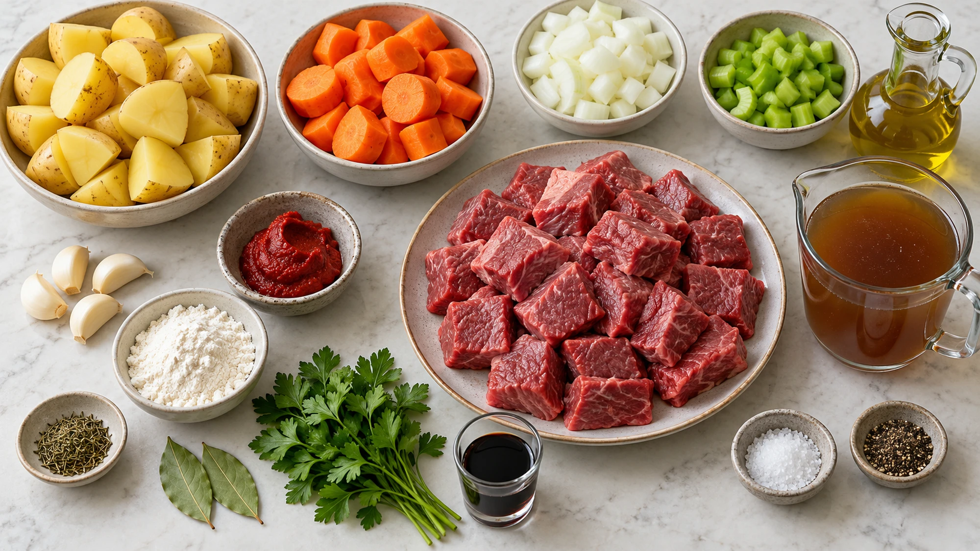 Beef stew ingredients with raw chuck cubes separated from vegetables