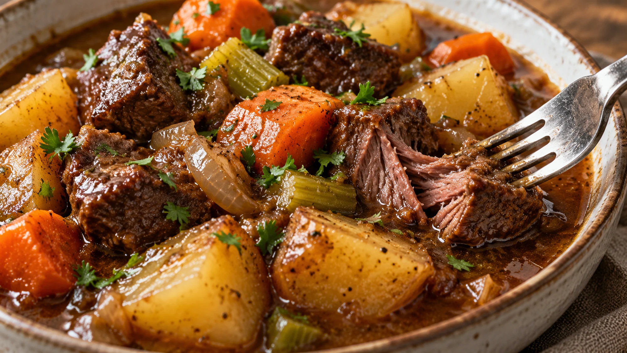 Fork separating tender beef in beef stew beside potatoes and carrots