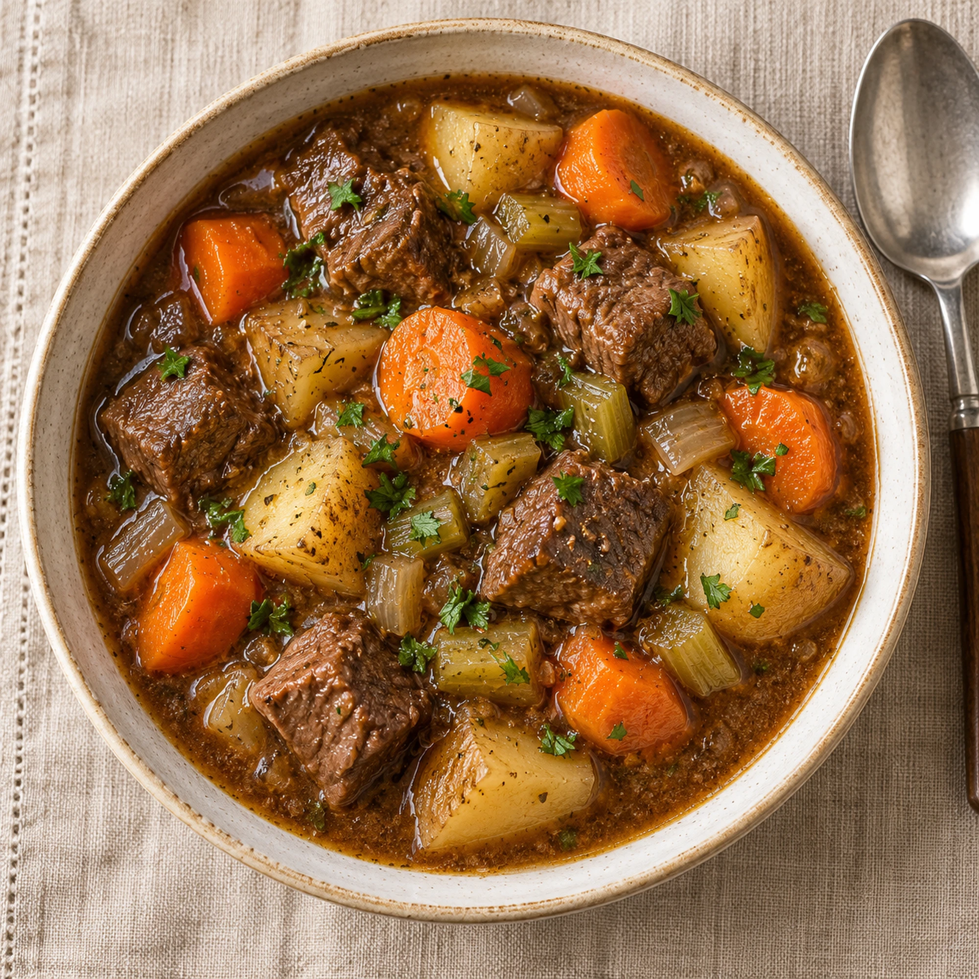 Overhead bowl of beef stew with potatoes, carrots, and parsley