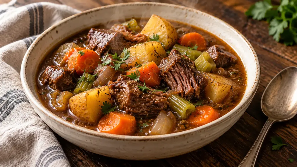 Beef stew with tender chuck, potatoes, carrots, and parsley