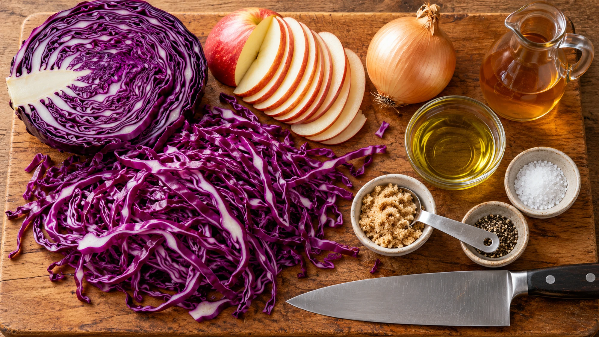 Red cabbage, apple, onion, vinegar and seasonings before braising for braised red cabbage