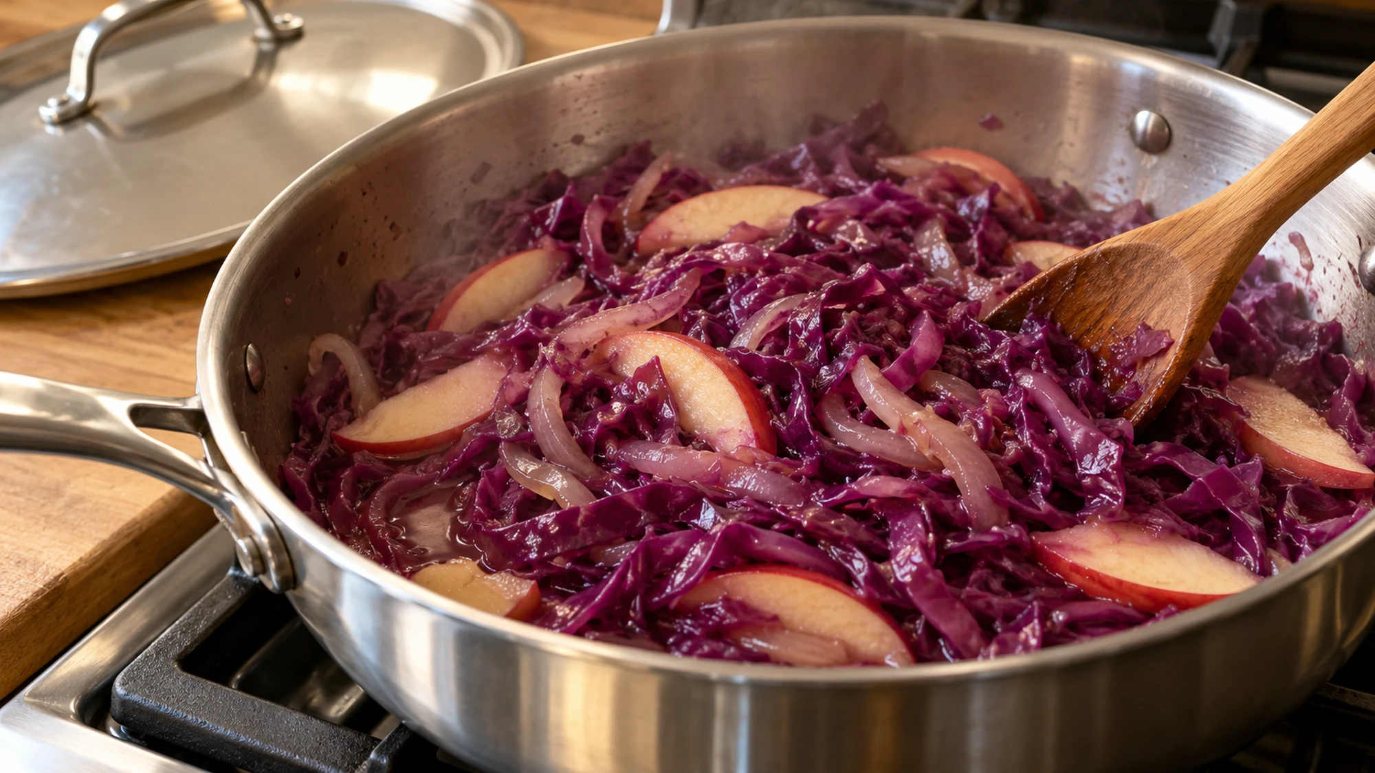 Thin cabbage ribbons and apple slices cooking in a stainless-steel pan for braised red cabbage