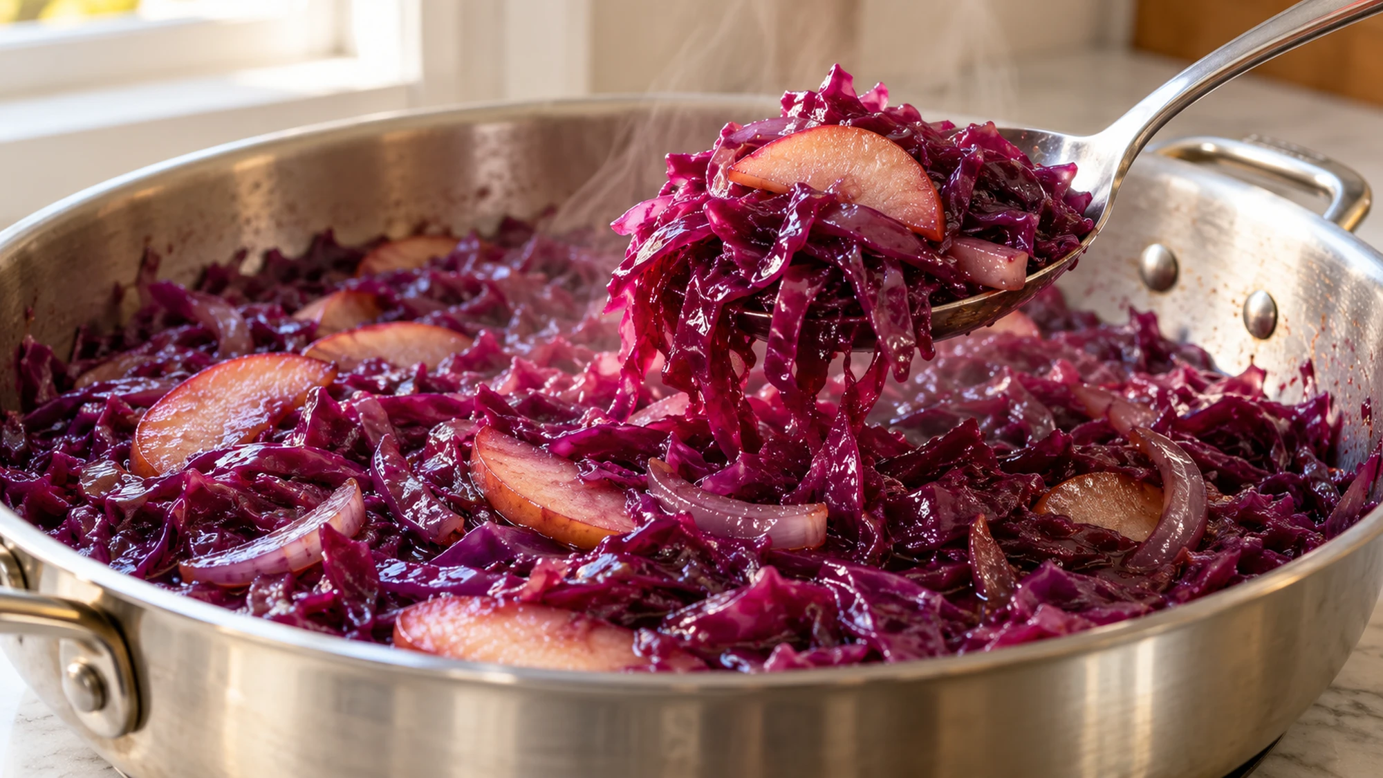 Tender braised red cabbage and apple lifted with a serving spoon
