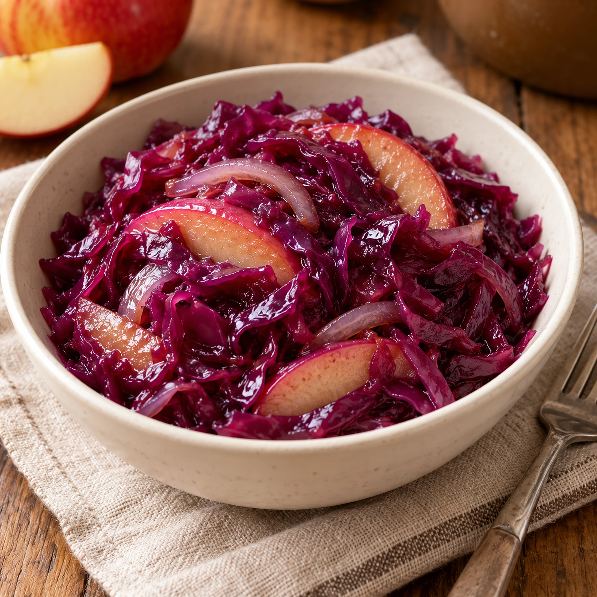 A serving of braised red cabbage with tender apple slices