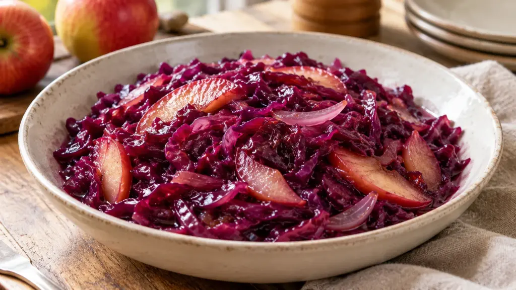 Braised red cabbage with apple in a serving bowl