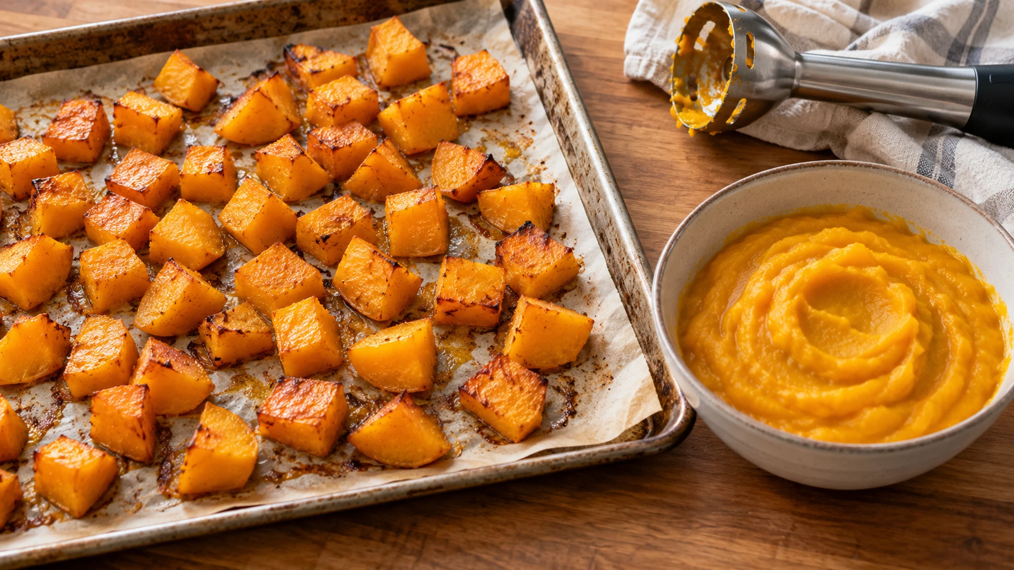 Roasted squash cubes and smooth purée for butternut squash lasagna