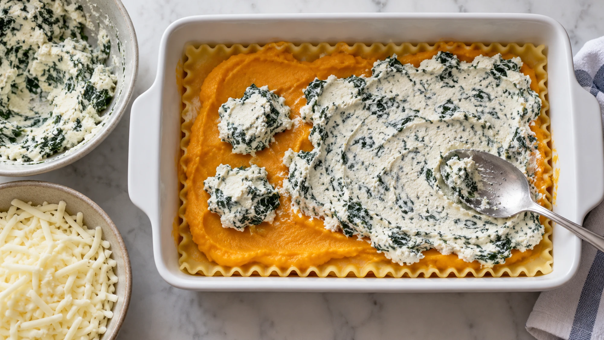Assembling butternut squash lasagna with orange purée and spinach ricotta