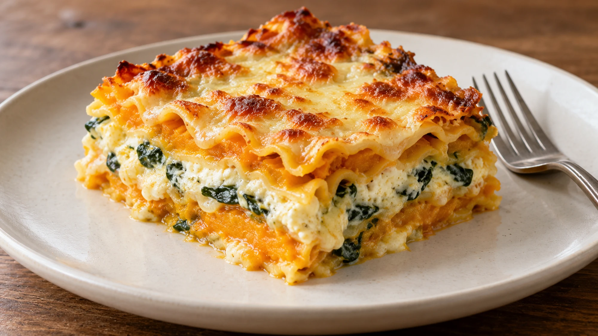 Slice of butternut squash lasagna showing moist pasta and ricotta layers