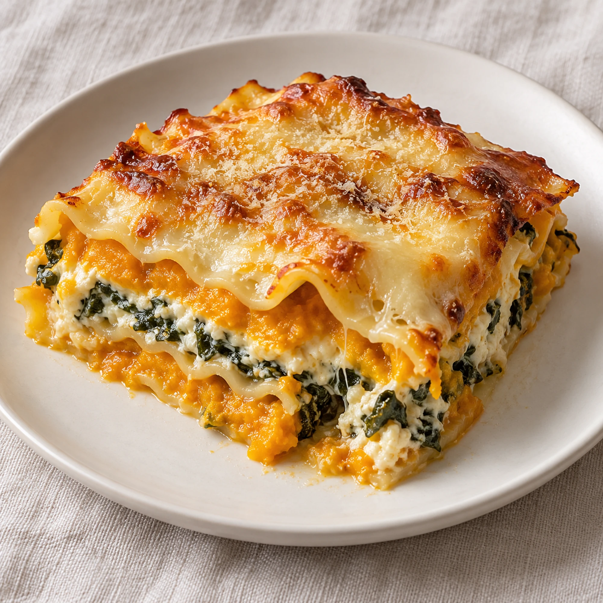 Butternut squash lasagna slice with a lightly browned cheese top