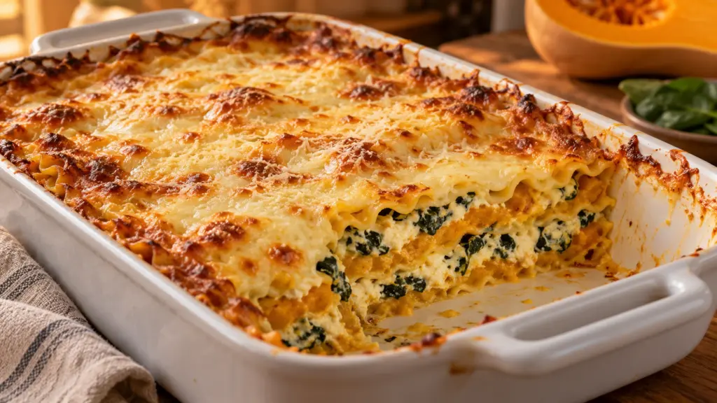 Butternut squash lasagna with spinach ricotta layers and golden cheese