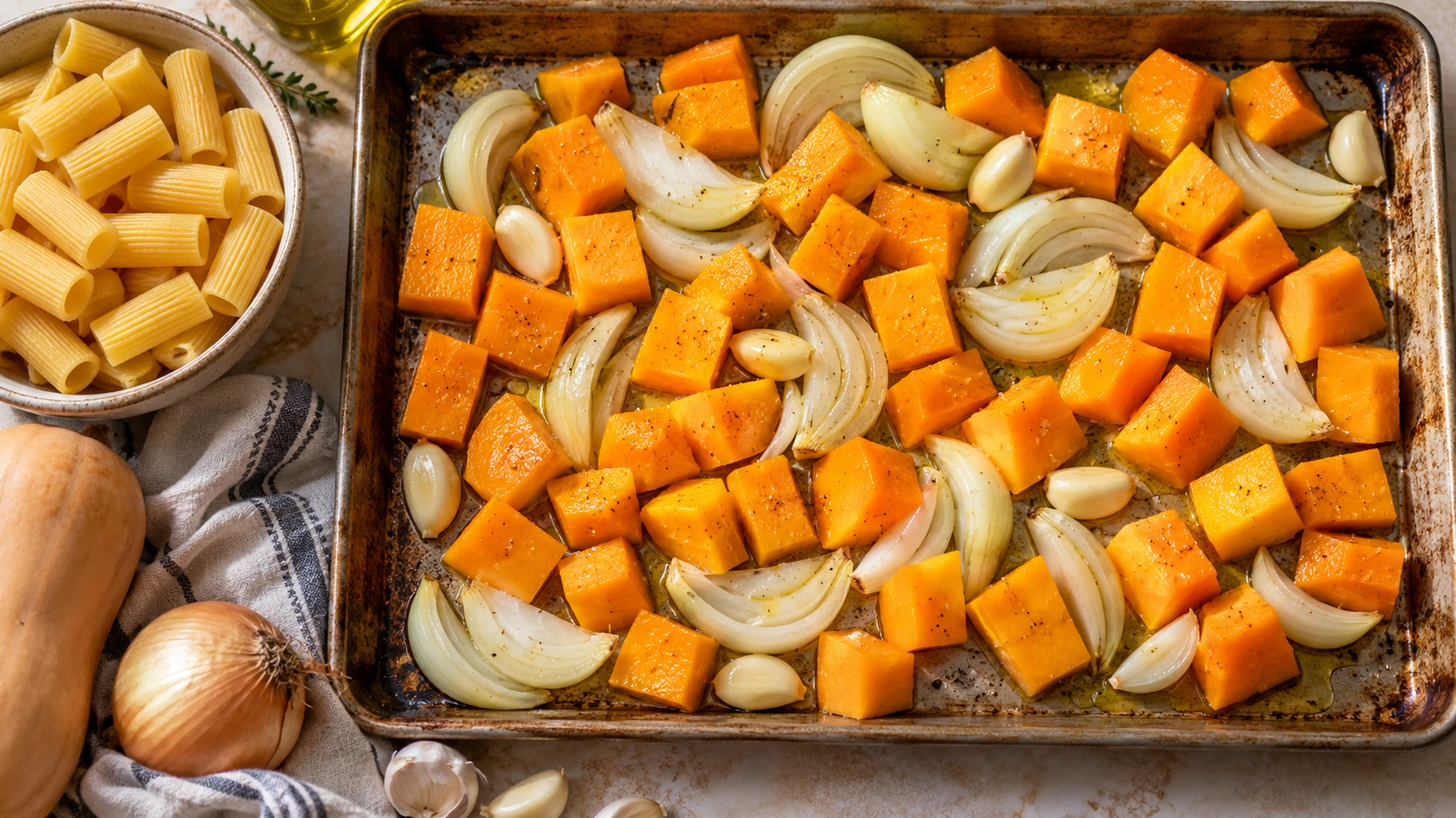 Squash onion and garlic prepared for butternut squash pasta