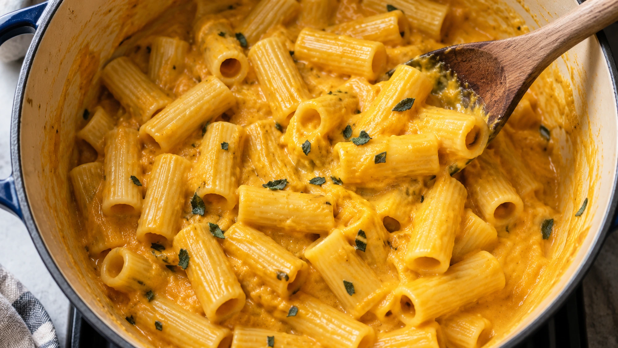 Rigatoni folding into golden butternut squash pasta sauce