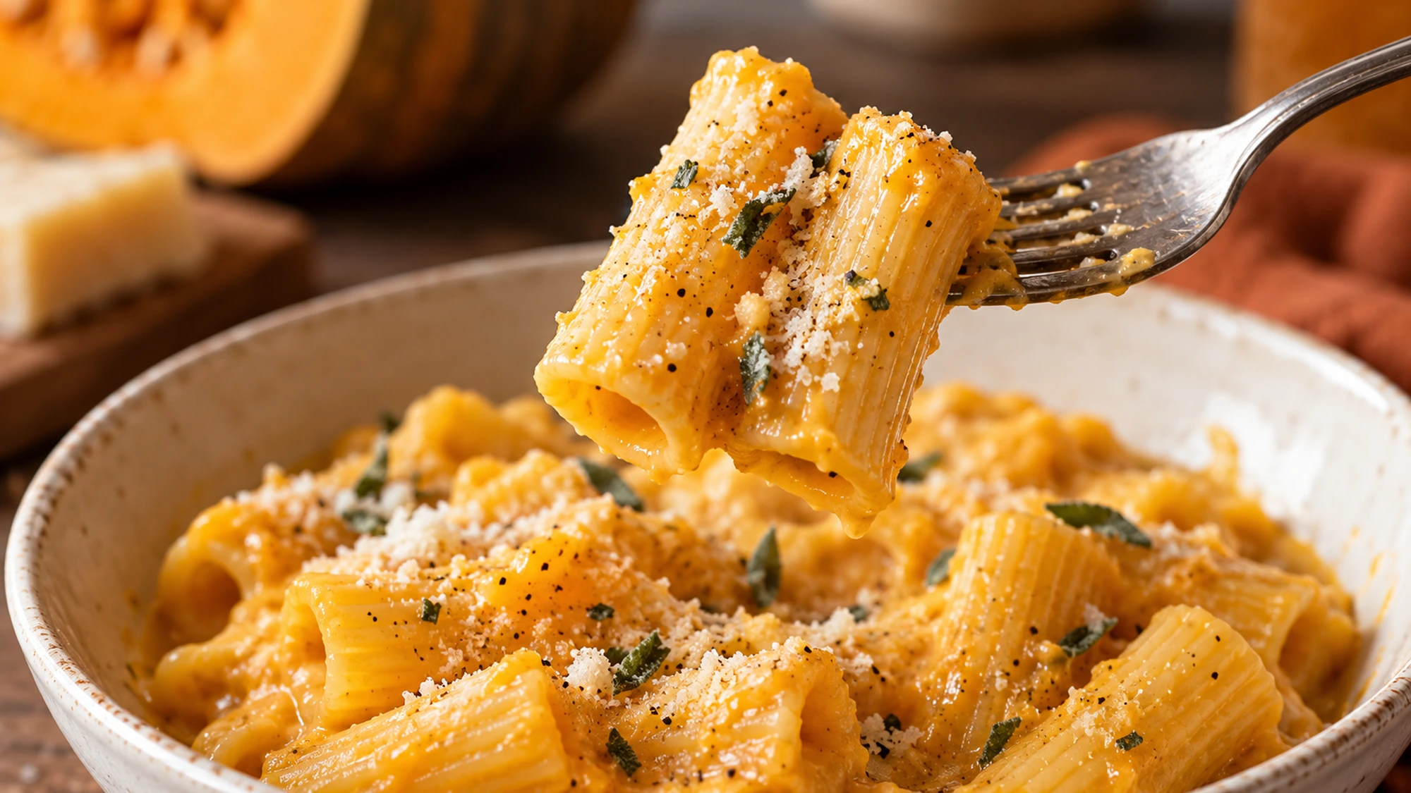 Fork lifting butternut squash pasta coated in creamy sauce