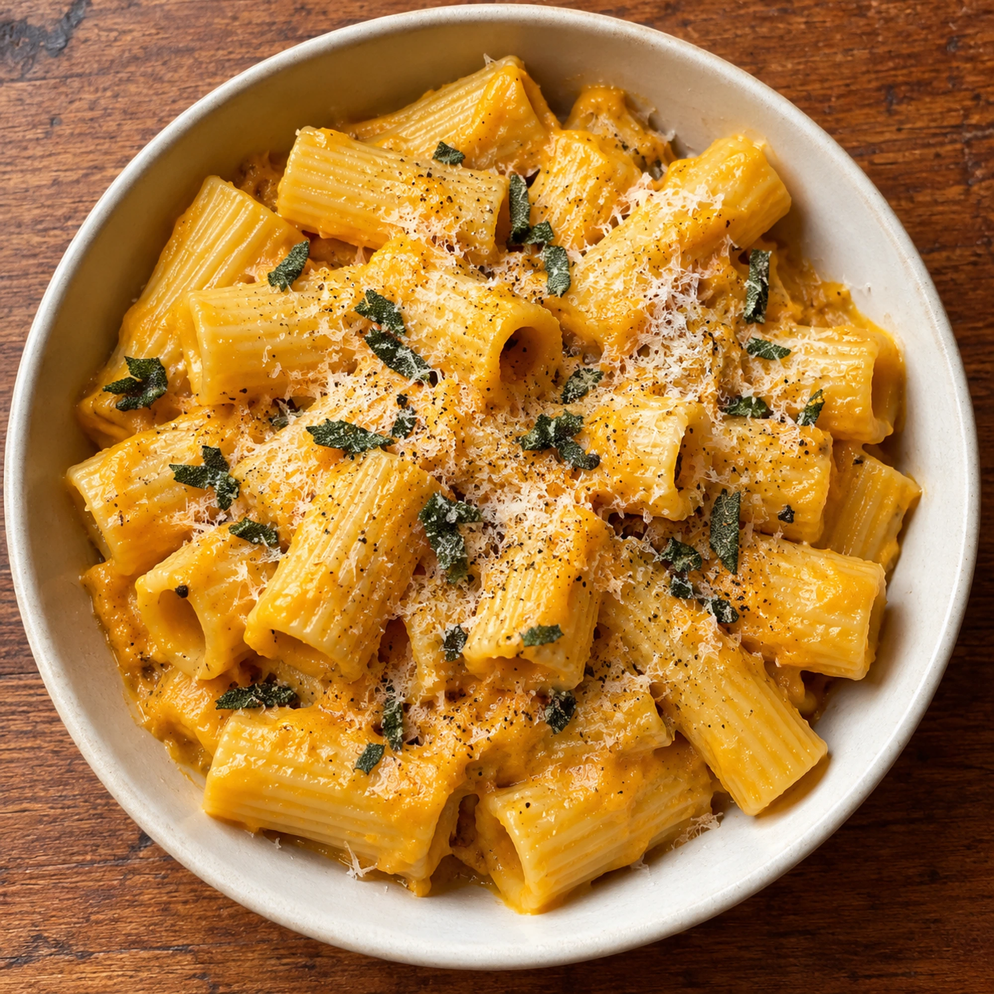 Butternut squash pasta in an ivory bowl viewed from above