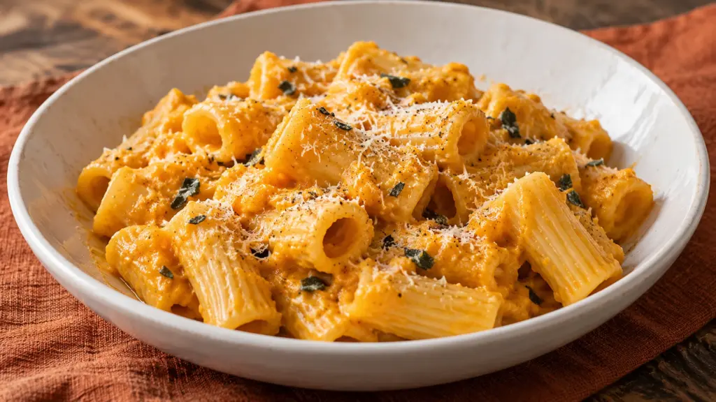 Butternut squash pasta with Parmesan and sage in a shallow bowl