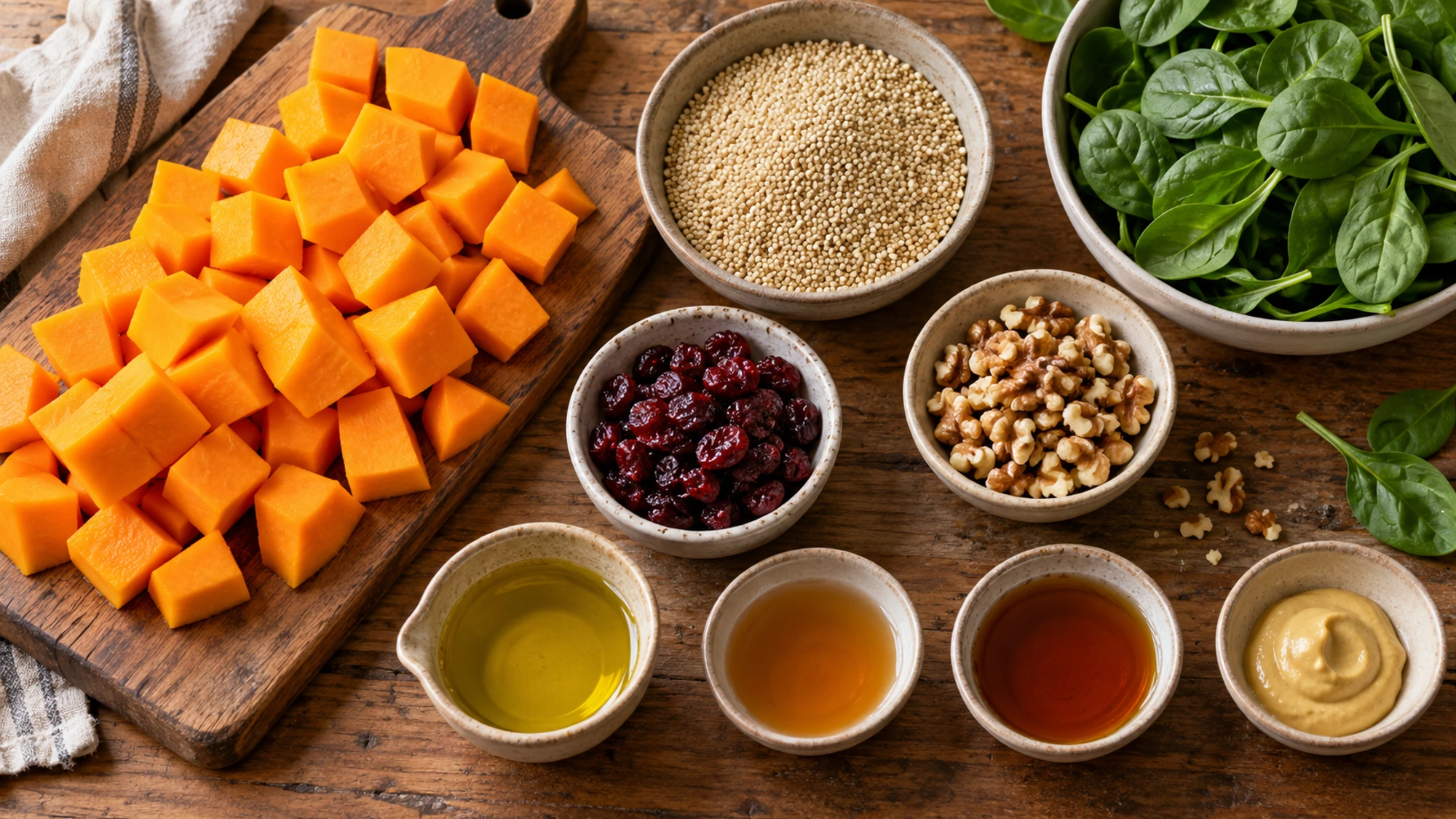 Ingredients for butternut squash quinoa salad and cider dressing