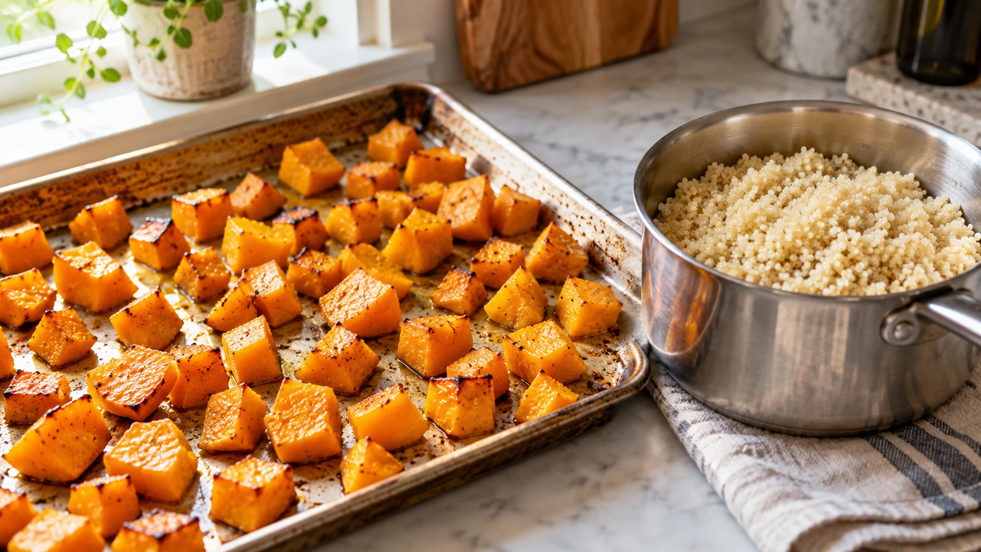 Roasted squash and cooked quinoa for butternut squash quinoa salad