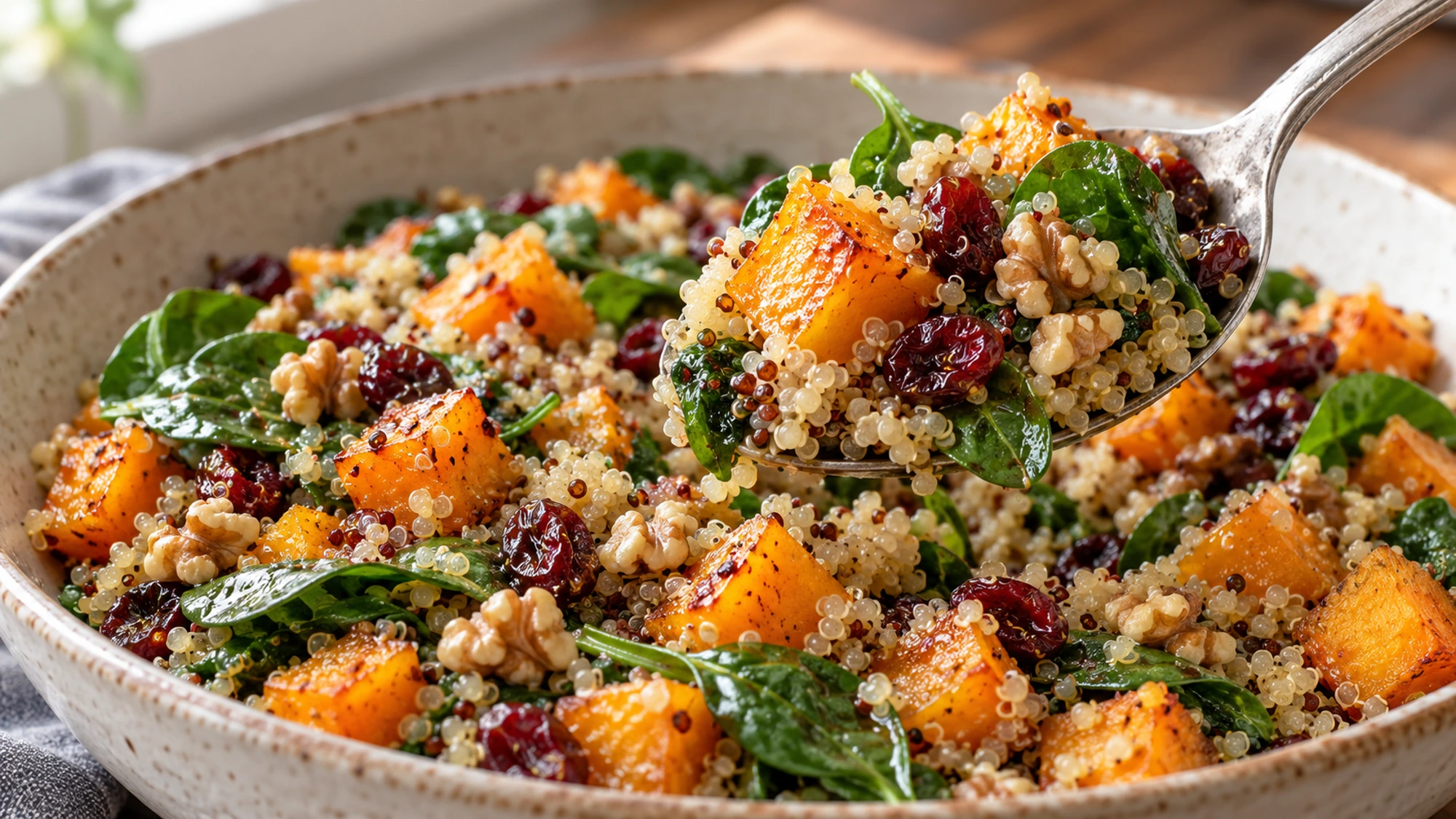 Spoonful of butternut squash quinoa salad with walnuts and cranberries