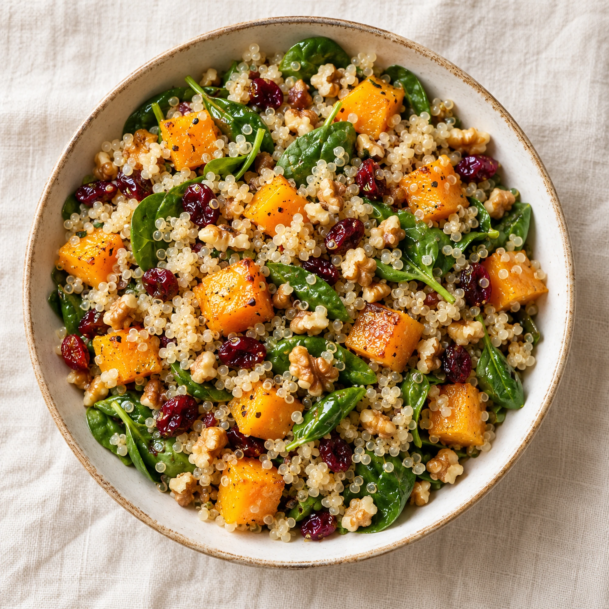 Overhead bowl of butternut squash quinoa salad