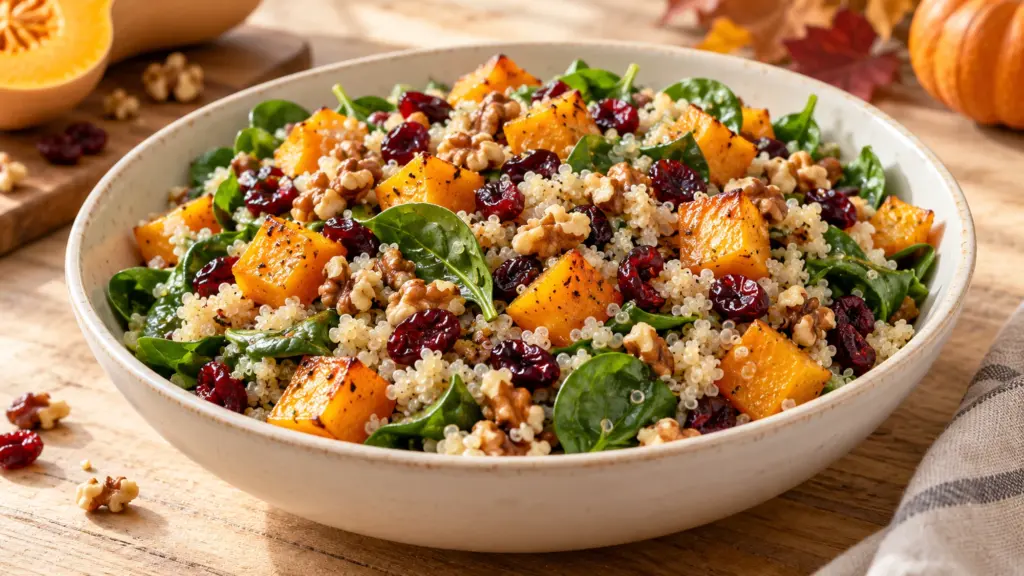 Butternut squash quinoa salad with spinach cranberries and walnuts