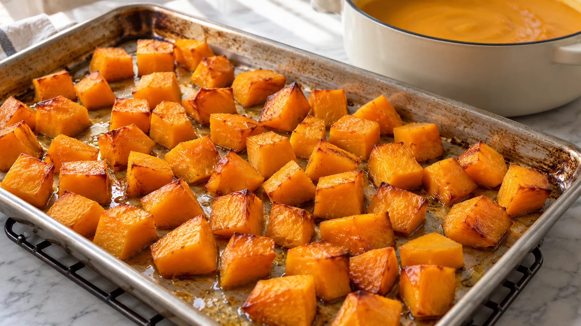 Roasted squash cubes for butternut squash soup on a metal sheet pan
