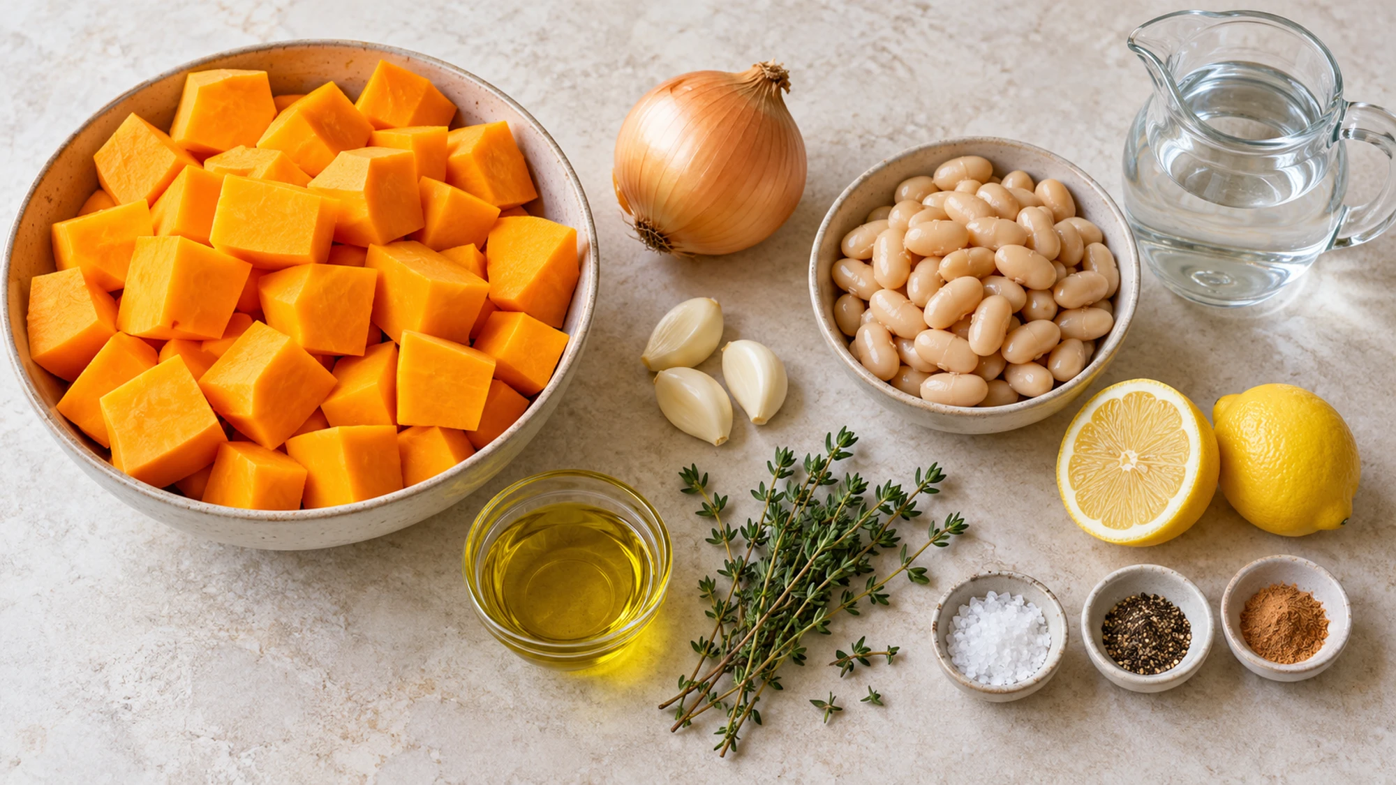 Butternut squash soup ingredients with white beans, onion, garlic, thyme, and lemon