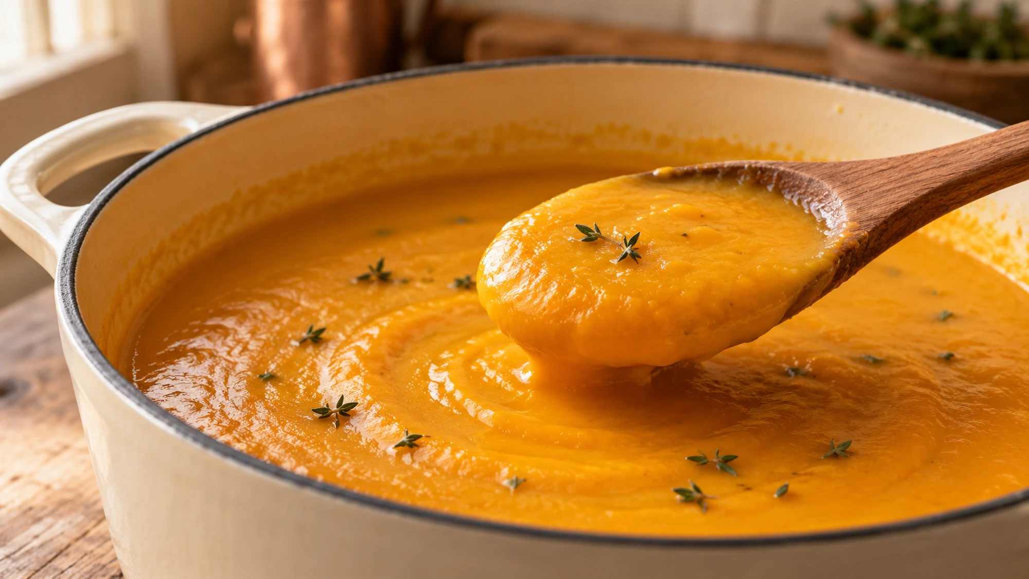 A wooden spoon holding thick blended butternut squash soup over a pot