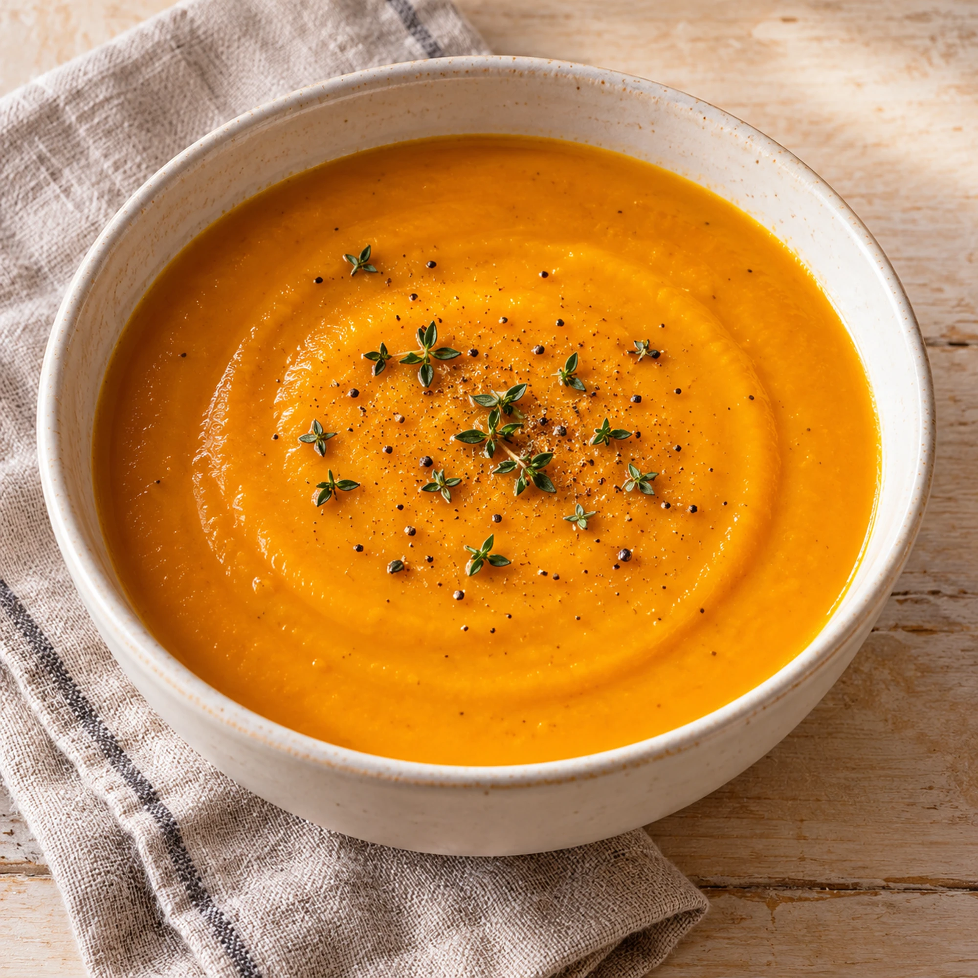 Square view of smooth butternut squash soup topped with thyme leaves