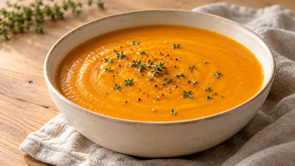 Butternut squash soup with thyme and black pepper in a cream bowl