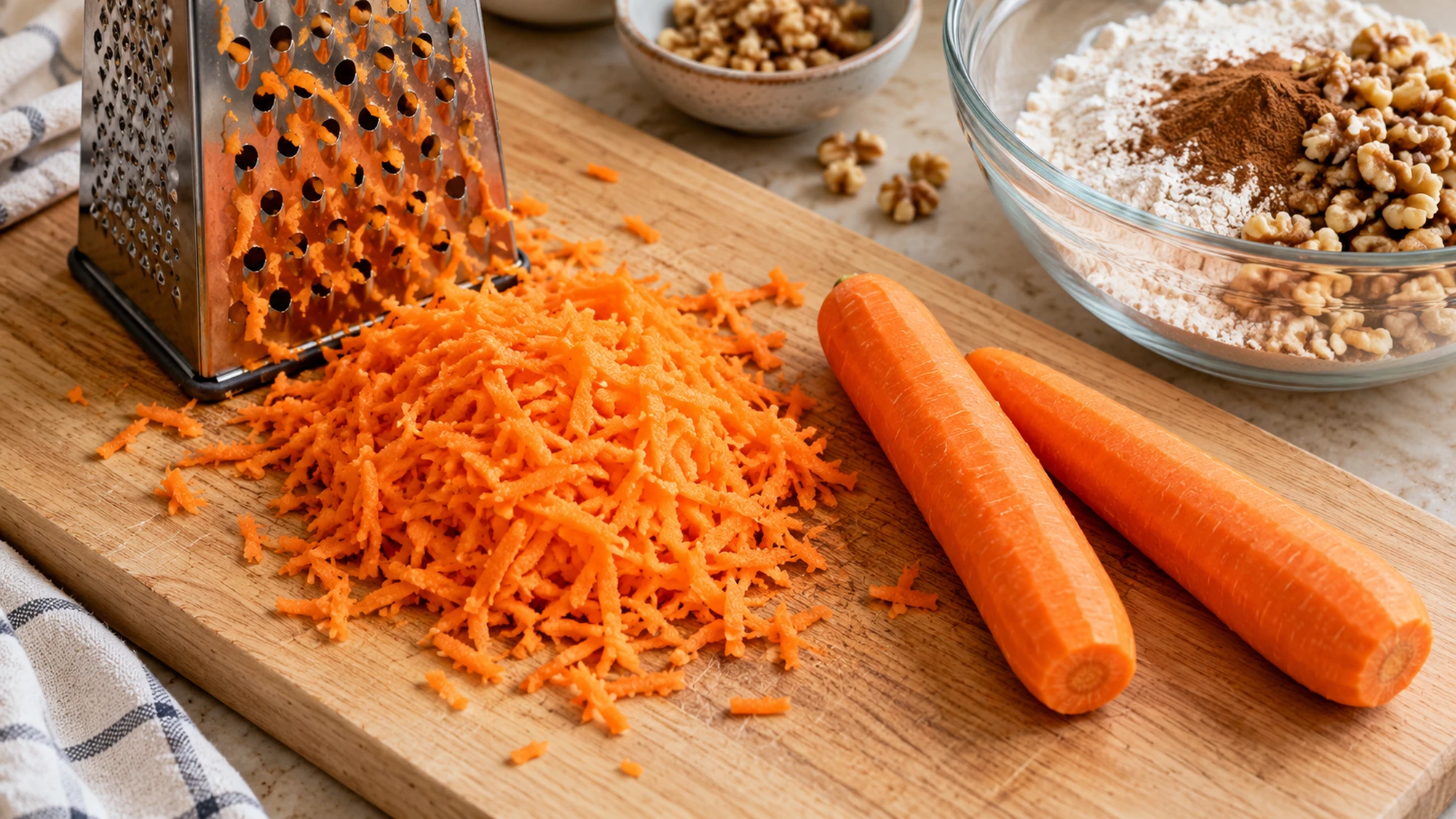 Freshly grated carrots beside a box grater for carrot cake