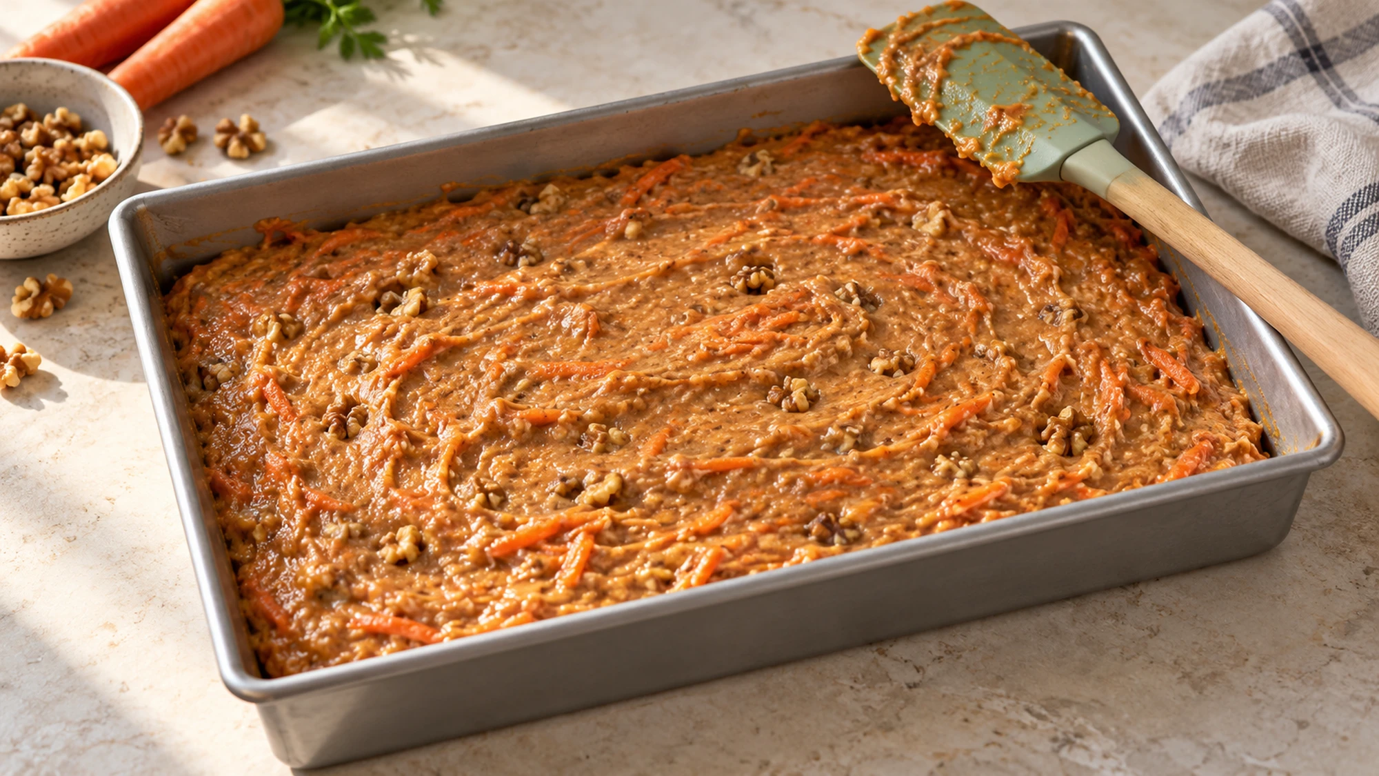 Carrot cake batter spread in a rectangular baking pan