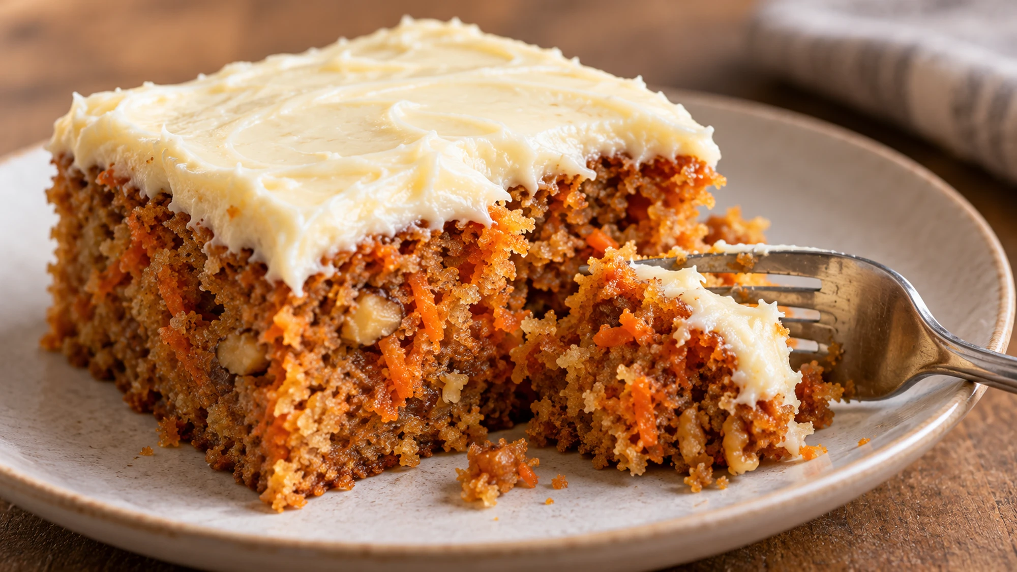 Fork beside a tender bite of frosted carrot cake