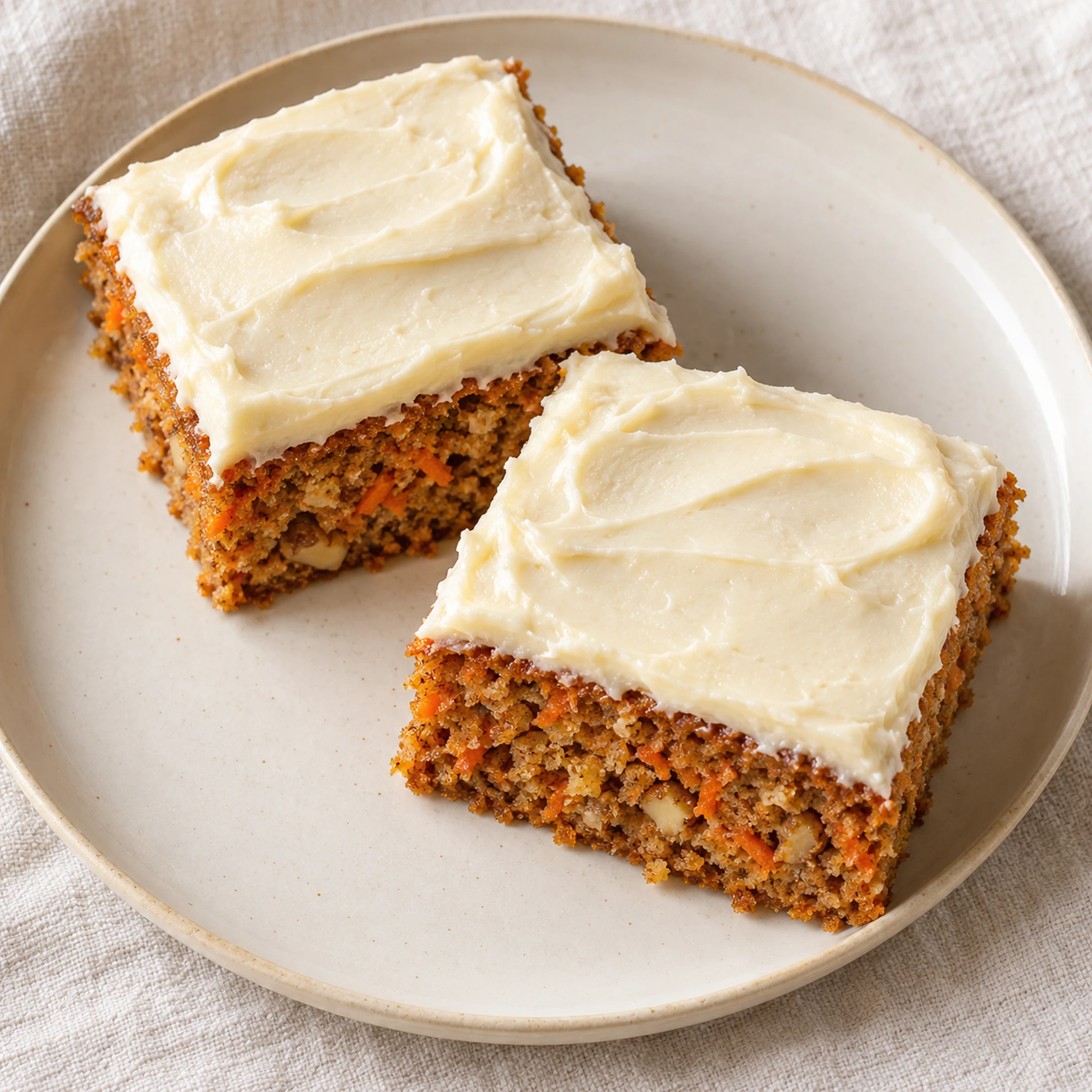 Two frosted carrot cake squares on a cream plate