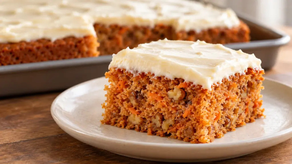 Carrot cake square with cream cheese frosting and walnuts in the crumb