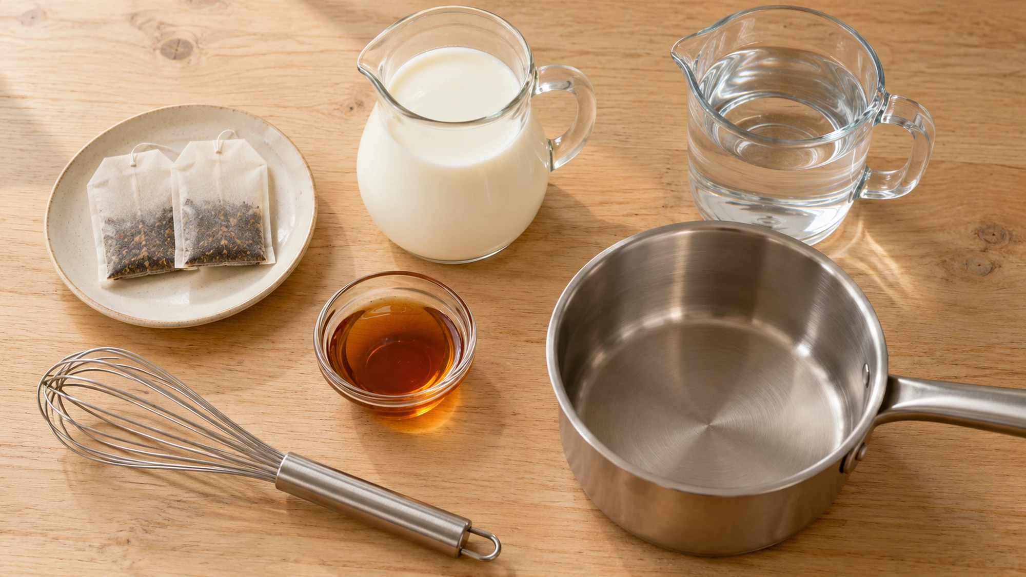 Chai latte ingredients with tea bags, milk, maple syrup, and water