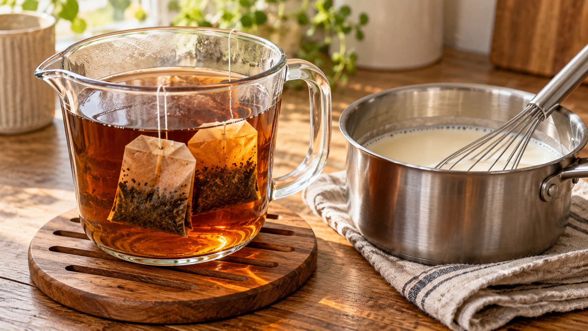 Chai latte preparation with steeping tea beside warm milk