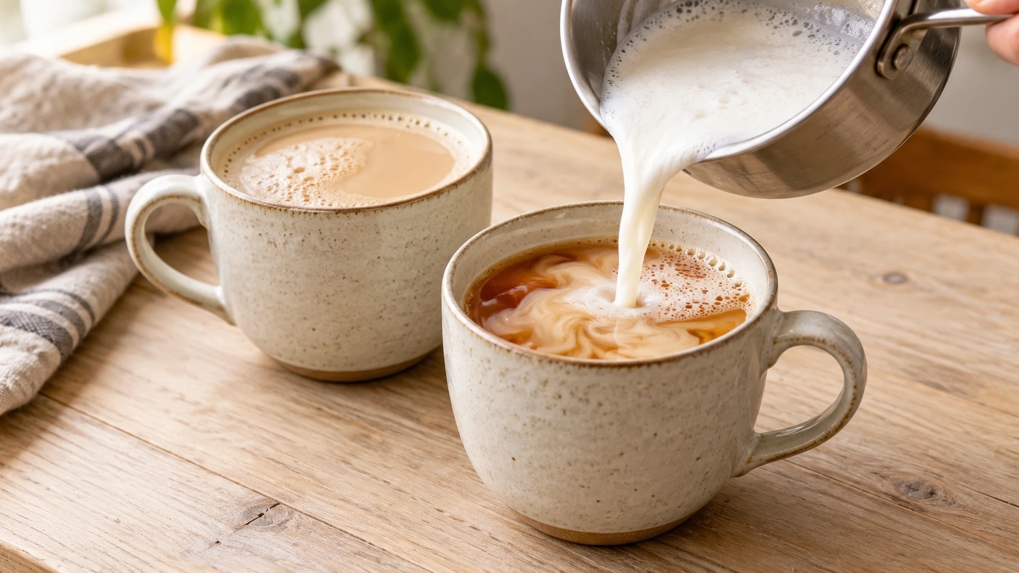 Chai latte forming as warm milk pours into spiced black tea