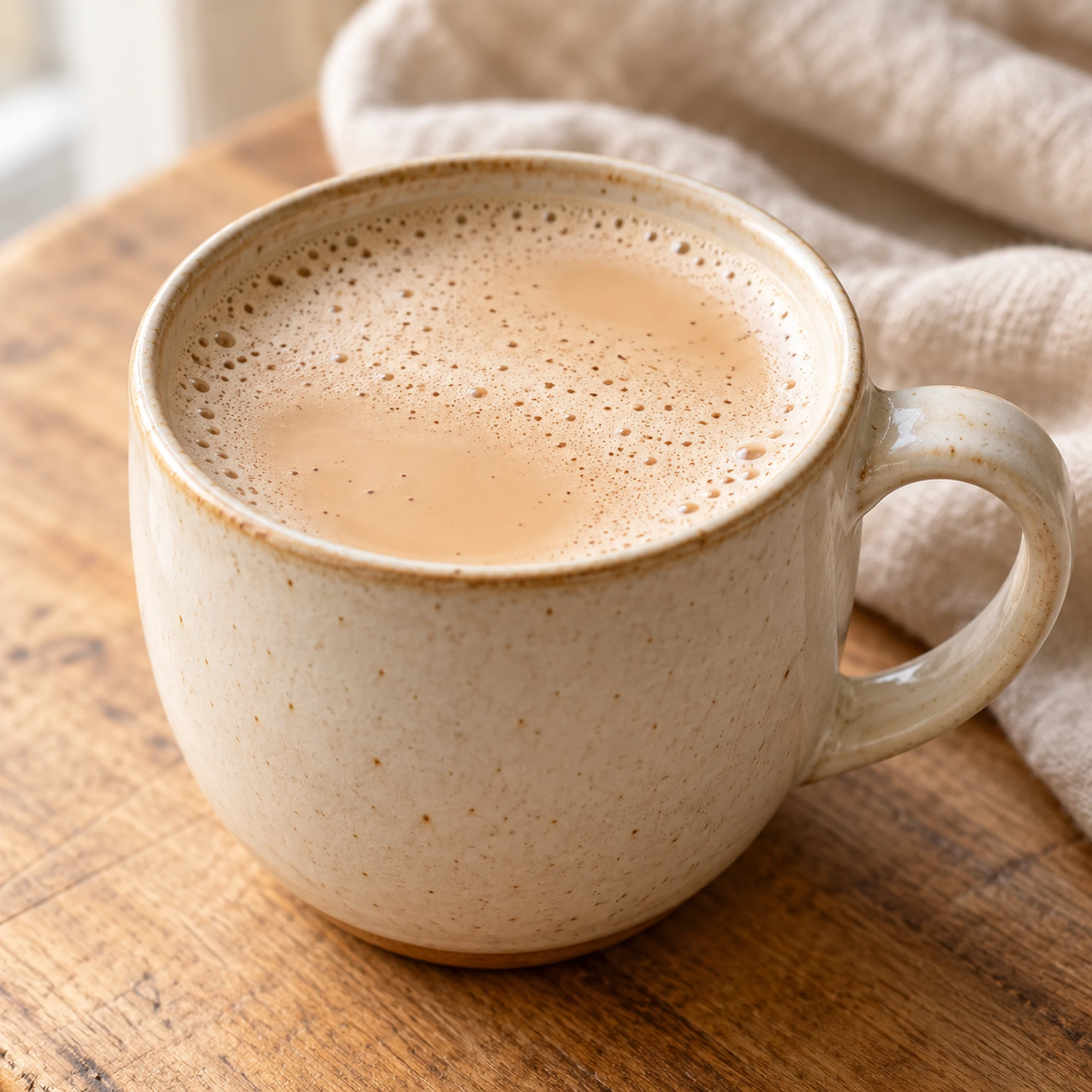 A small mug of creamy chai latte with light milk foam
