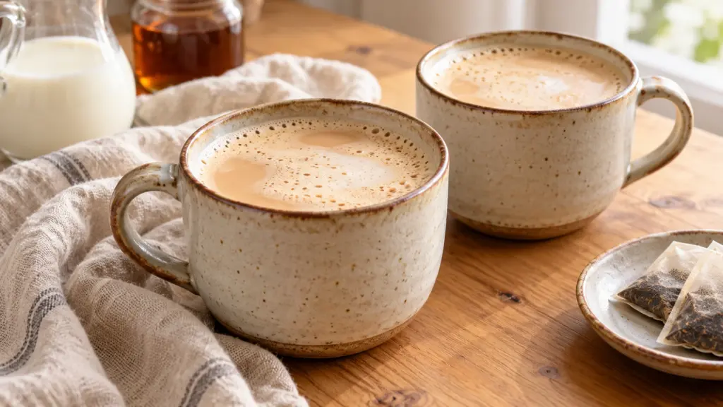Chai latte in two ceramic mugs with lightly foamed milk