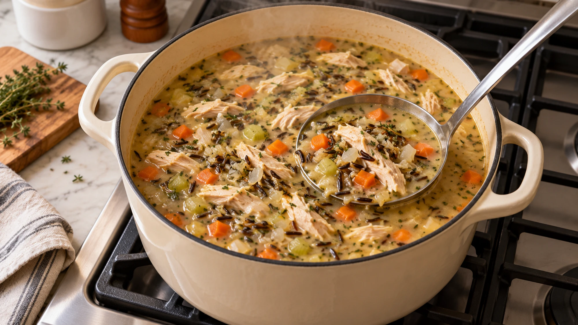 A ladle of chicken and wild rice soup in an enamel cooking pot